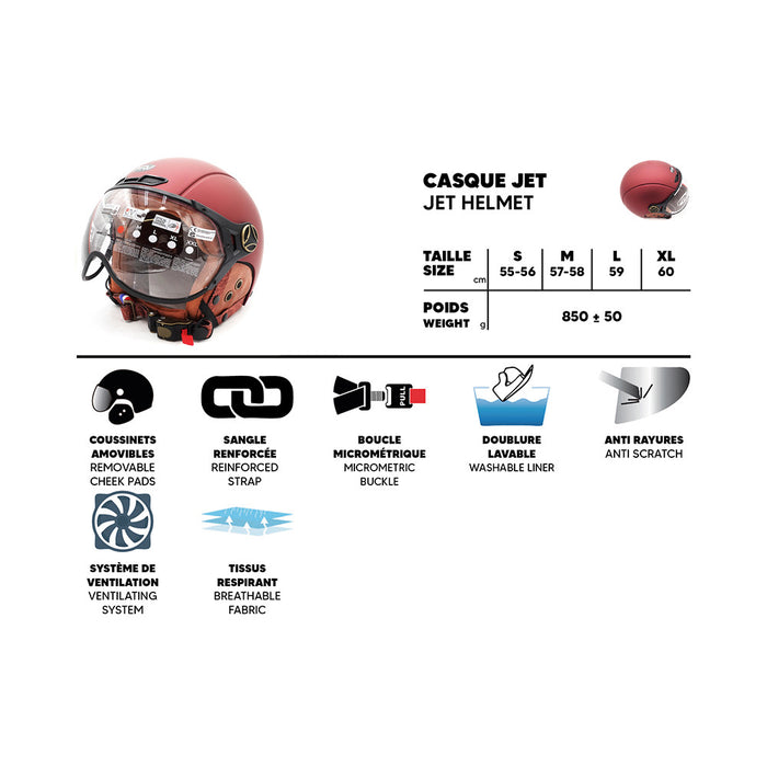 Casque JET  bordeaux mat (taille XS à XXL) (XS)